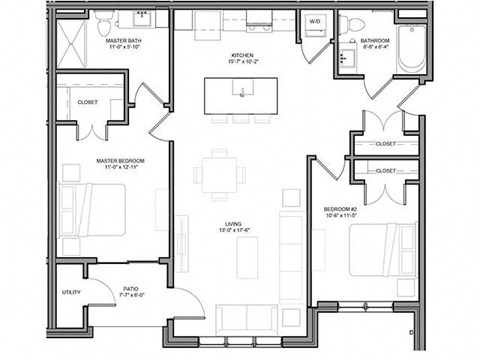 Floor plan for 2 beds, 2 baths, 1064 sqft